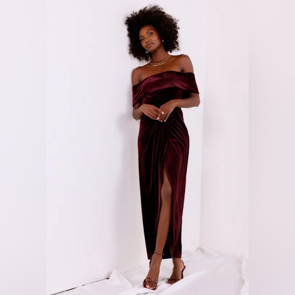 Lulus I'm Enchanted Burgundy Velvet Off-the-Shoulder Dress